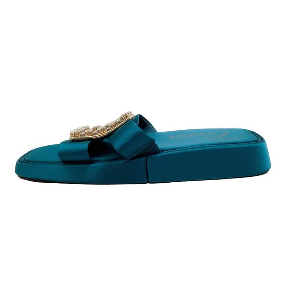 Roger Vivier Teal Satin With Strass Buckle Sandals - Picture 3 of 6
